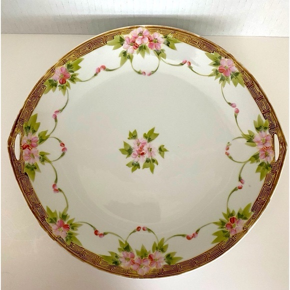 Antique Nippon Cake Plate Tan Border Pink Flower Garland Handles - Picture 1 of 9
